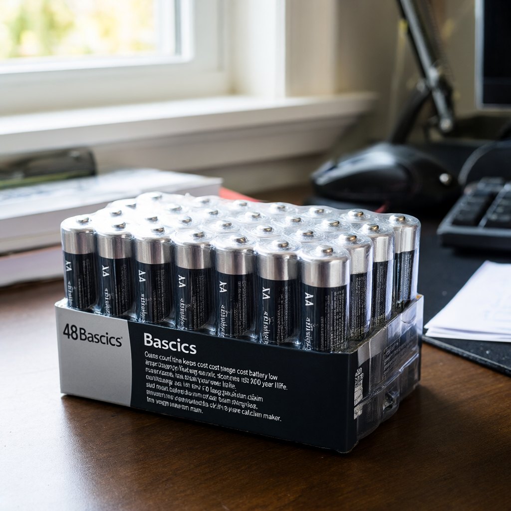 Illustration of Amazon Basics AA Alkaline Batteries, 48 Pack in use